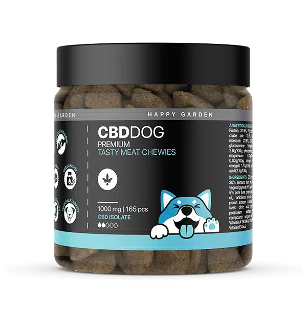 A fekete és átlátszó műanyag tégely CBD Hússal Ízesített Jutalomfalat Kutyáknak - 1000mg CBD | 165db feliratú, kék rajzolt kutyaarccal ellátott barna rágógumit tartalmaz kutyáknak, és teljes spektrumú CBD Europe ikonokkal és termékadatokkal van ellátva a címkén.