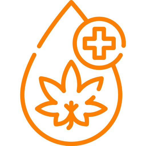 Egy kannabiszlevelet tartalmazó csepp narancssárga körvonala, jobbra fent körben egy orvosi kereszt szimbólummal, amely az orvosi cbd vagy CBD olajat jelképezi.