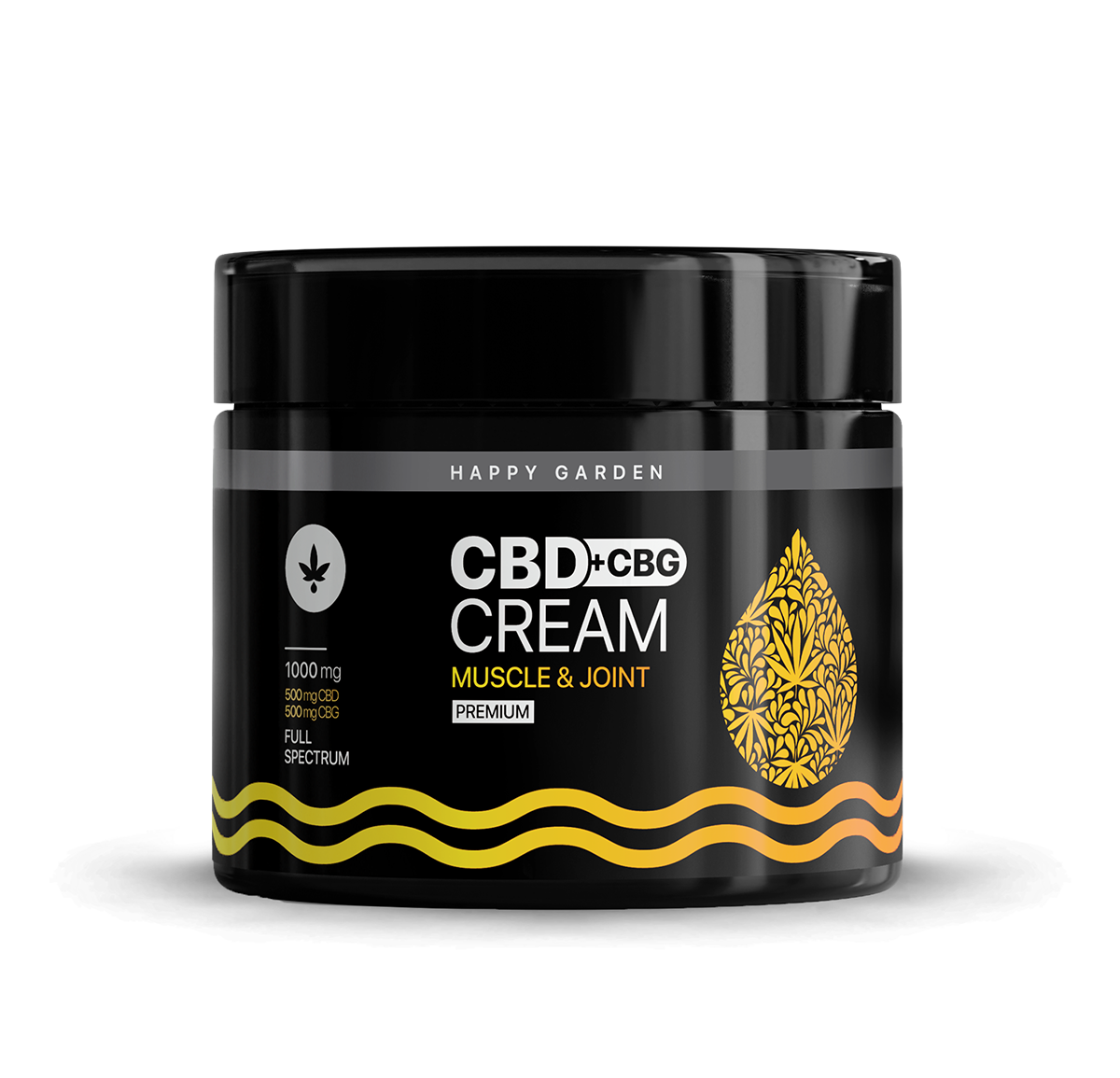 A fekete tégely CBD & CBG Krém gyulladásra, izom- és ízületi fájdalmakra - 1000mg | 115ml by Happy Garden feliratú, aranyszínű dizájnnal és hullámos sárga-narancssárga vonallal ellátott, teljes spektrumú CBD olajat tartalmaz a fokozott megkönnyebbülés érdekében.