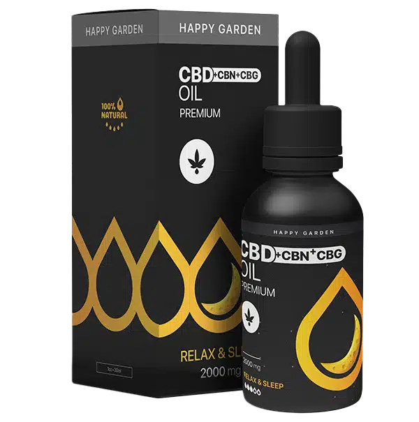 A Happy Garden CBN + CBD + CBG olaj (30ml - 2000 mg) - Prémium alvástámogató MCT olajjal egy fekete üveg, cseppentővel a doboza mellett.