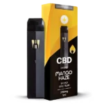 A prémium CBD Vape - Mango Haze ízű párologtató (550mg, 1ml) fekete készüléke a sárga-fekete csomagolás mellett látható, Happy Garden márkajelzéssel-a CBD Europe kedvelőinek kiváló választása.