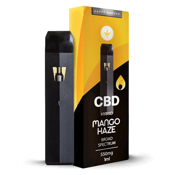 A prémium CBD Vape - Mango Haze ízű párologtató (550mg, 1ml) fekete készüléke a sárga-fekete csomagolás mellett látható, Happy Garden márkajelzéssel-a CBD Europe kedvelőinek kiváló választása.