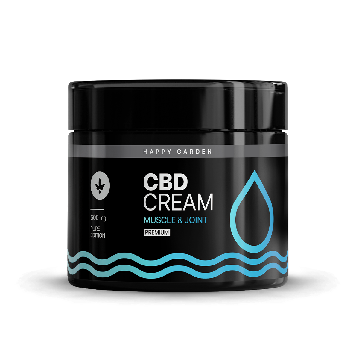 Fekete tégely HAPPY GARDEN CBD Krém izom- és ízületi fájdalomra (1000mg, 115ml), Prémium felirattal, kék és fehér szöveggel, kék vízcsepp és hullám mintával, kiemelve a CBD Europe által megbízható minőséget.