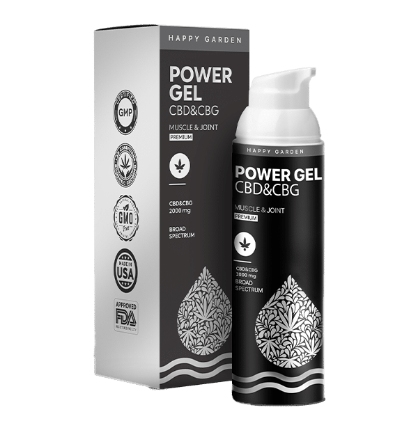 A "CBG & CBD Gél - 55 gyógynövénnyel izmok és ízületek számára" (2000mg, 50ml) feliratú fekete-fehér üveg a hozzá illő, levélmotívumokkal díszített doboz előtt áll, kiemelve a széles spektrumú formulát és a többszörös tanúsítványokat.