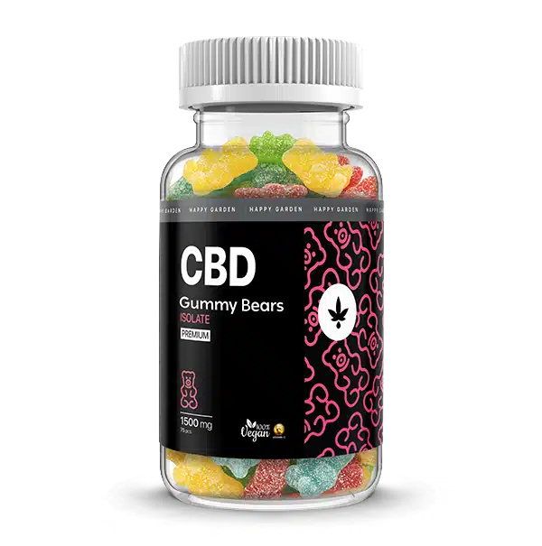 Egy átlátszó üveg színes CBD Izolátum & C-vitaminos gumicukor - 1500mg | 75db, vegán és Happy Garden márkajelzéssel fekete és rózsaszín címkén - ideális azok számára, akik prémium CBD olajat keresnek.