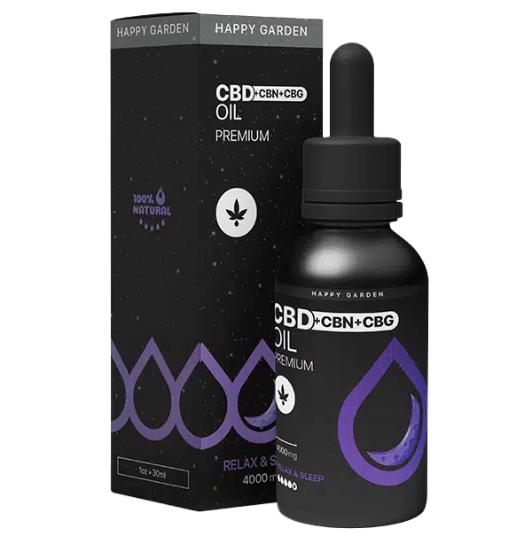 Fekete és lila doboz és cseppentős üveg Happy Garden CBN + CBD + CBG olaj (30ml - 4000 mg) - Prémium alvástámogató nyugtató olaj, cseppentő logóval, 100% természetes, Relax & Sound Sleep, a CBD Europe vásárlói számára.