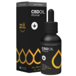 A fekete üveg Happy Garden 10% teljes spektrumú CBD olaj (10ml - 1000mg) MCT olajjal és cseppentővel fekete-sárga doboza előtt áll, amelyen egy kenderlevél ikon, arany cseppek és a 100%-ban természetes formulát kiemelő szöveg látható.