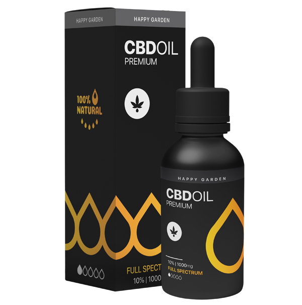A fekete üveg Happy Garden 10% teljes spektrumú CBD olaj (10ml - 1000mg) MCT olajjal és cseppentővel fekete-sárga doboza előtt áll, amelyen egy kenderlevél ikon, arany cseppek és a 100%-ban természetes formulát kiemelő szöveg látható.