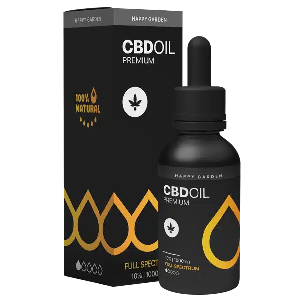 Fekete CBD olajos üveg cseppentővel és hozzá illő fekete doboz, mindkettő CBD OIL PREMIUM felirattal. Arany és fehér ékezetekkel, levél ikonnal és a 100% természetes és teljes spektrumú szöveggel - tökéletes azok számára, akik a CBD olaj vásárlást fontolgatják.