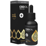 A Happy Garden 30% Tiszta CBD Izolátum olaj (10ml, 3000mg) MCT olajjal, cseppentővel és fekete-arany címkével ellátott fekete üvegben egy "100% természetes" szöveggel és elegáns levélmintákkal díszített, hozzá illő doboz előtt.