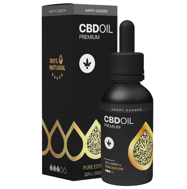 A Happy Garden 30% Tiszta CBD Izolátum olaj (10ml, 3000mg) MCT olajjal, cseppentővel és fekete-arany címkével ellátott fekete üvegben egy "100% természetes" szöveggel és elegáns levélmintákkal díszített, hozzá illő doboz előtt.