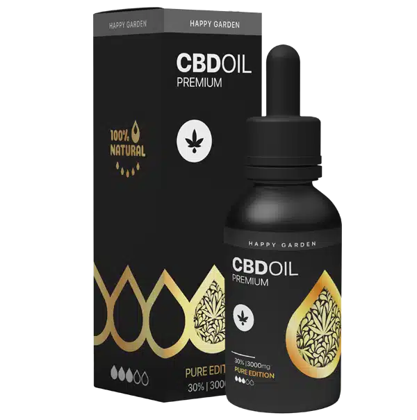 Egy fekete üveg Happy Garden CBD Oil Premium cseppentővel a hozzá illő fekete-arany doboz mellett látható, 100% természetes, tiszta kiadás és 30% | 3000mg - tökéletes azok számára, akik a CBD olaj vásárlást fontolgatják.