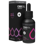 A Happy Garden 5%-os CBD olaj (10ml - 500mg) fekete üvege egy lila és rózsaszín akcentussal ellátott, hozzá illő doboz előtt áll, mindkettőn a "Teljes spektrum", a "100% természetes" és egy levél ikon látható.
