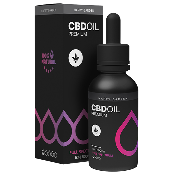 A Happy Garden 5%-os CBD olaj (10ml - 500mg) fekete üvege egy lila és rózsaszín akcentussal ellátott, hozzá illő doboz előtt áll, mindkettőn a "Teljes spektrum", a "100% természetes" és egy levél ikon látható.