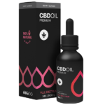 A fekete cseppentős üveg és doboz "Happy Garden 24%-os Teljes Spektrumú CBD Olaj - 2400 mg (10 ml)" feliratú, rózsaszín, fehér és szürke ékezetekkel ellátott, 100% természetes, teljes spektrumú és 24% | 2400mg.