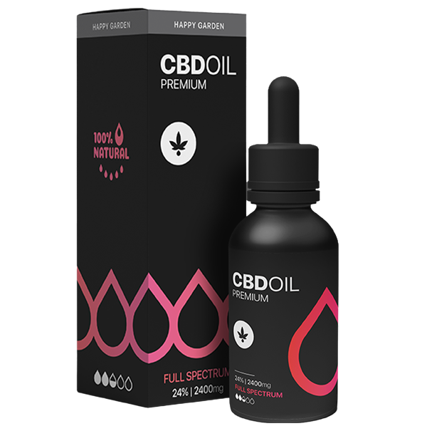 A fekete cseppentős üveg és doboz "Happy Garden 24%-os Teljes Spektrumú CBD Olaj - 2400 mg (10 ml)" feliratú, rózsaszín, fehér és szürke ékezetekkel ellátott, 100% természetes, teljes spektrumú és 24% | 2400mg.