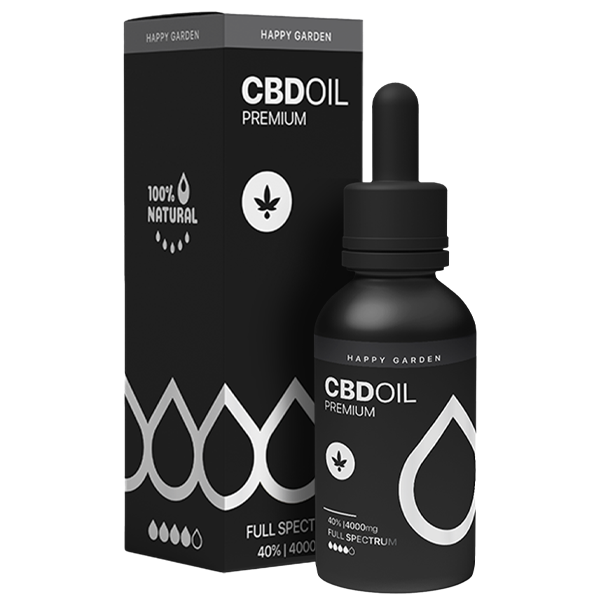 Egy fekete üveg Happy Garden 40% Teljes spektrumú CBD olaj (10ml - 4000mg) MCT olajjal társítva cseppentővel áll a hozzá tartozó doboz előtt, mindkettő minimalista fehér grafikával, amely kiemeli a természetes, teljes spektrumú formulát.