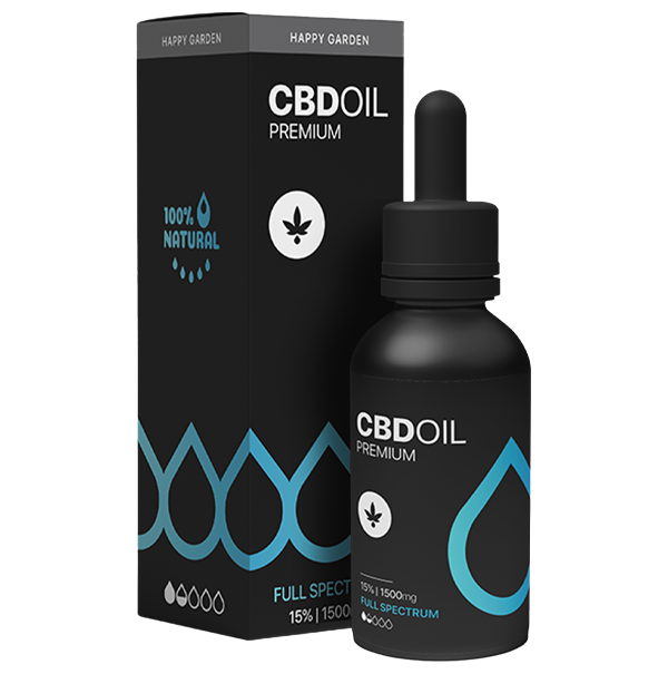 A fekete cseppentős üveg Happy Garden 15% Teljes spektrumú CBD olaj (10ml - 1500mg) MCT olajjal áll egy hozzá illő doboz előtt, melyen kék vízcsepp grafikák, levél ikon, "100% természetes" és "Full Spectrum" felirat látható.