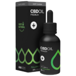 A fekete üveg Happy Garden 20% teljes spektrumú CBD olaj (10ml - 2000mg) MCT olajjal társítva cseppentővel fekete és zöld doboza előtt áll, mindkettőn a "100% Natural" felirat és egy levél ikon látható.