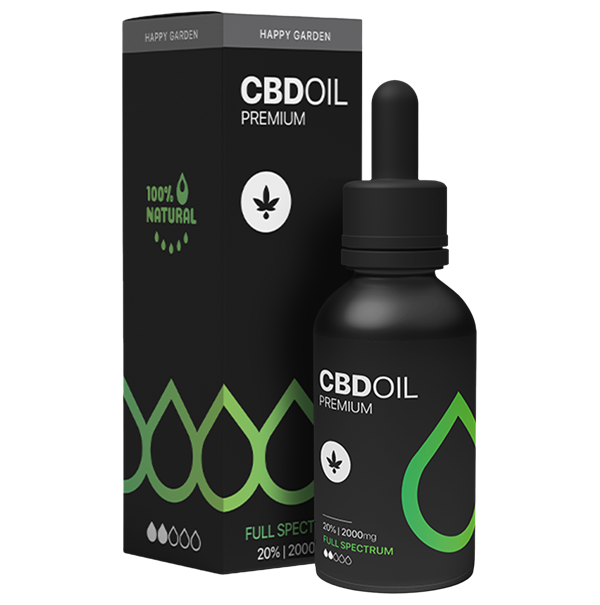 A fekete üveg Happy Garden 20% teljes spektrumú CBD olaj (10ml - 2000mg) MCT olajjal társítva cseppentővel fekete és zöld doboza előtt áll, mindkettőn a "100% Natural" felirat és egy levél ikon látható.
