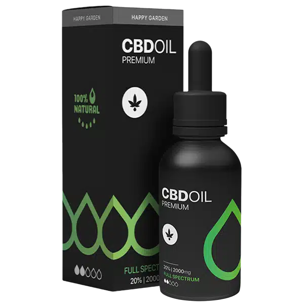 A fekete cseppentős üveg CBD Oil Premium feliratú, a hozzá tartozó doboz mellett áll, mindkettő zöld ékezetekkel, csepp ikonjával és a 100% természetes és teljes spektrumú 20% | 2000mg - ideális a CBD olaj vásárláshoz.