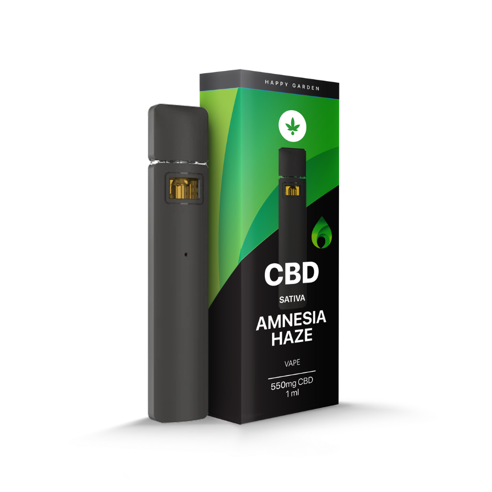 A prémium fekete vape pen a csomagolása mellett látható, melyen "CBD Vape - Amnesia ízű párologtató | 550mg | 1ml" felirat olvasható, zöld árnyalatokkal és levél ikonnal díszített fehér dobozban.