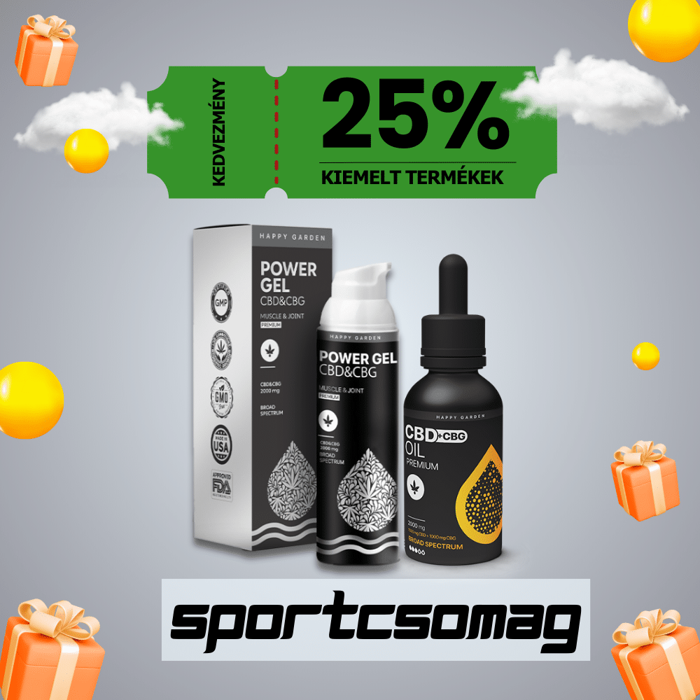 Promóciós kép a Prémium CBD Europe "Sportcsomag - CBG & CBD Kombináció az Aktív Életért" promóciós képével, "25% kedvezmény kiemelt termékek" és sportcsomag szöveggel. Ajándék ikonok és felhők díszítik a hátteret.