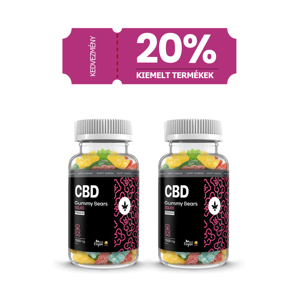 Egy üveg 3XHappy Garden CBN + CBD + CBG olaj (30ml - 4000 mg) látható, felette egy rózsaszín bannerrel, amelyen a "20% KIEMELT TERMÉKEK" felirat olvasható, kiemelve a CBD Europe 20%-os kedvezményét a teljes spektrumú termékekre.