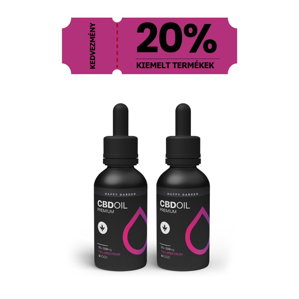 Két fekete, 3XHappy Garden CBN + CBD + CBG olaj (30ml - 4000 mg) prémium alvástámogató nyugtató olajat tartalmazó üveg áll egymás mellett; felettük egy rózsaszín kupon 20% kedvezményt kínál a CBD Europe-tól.