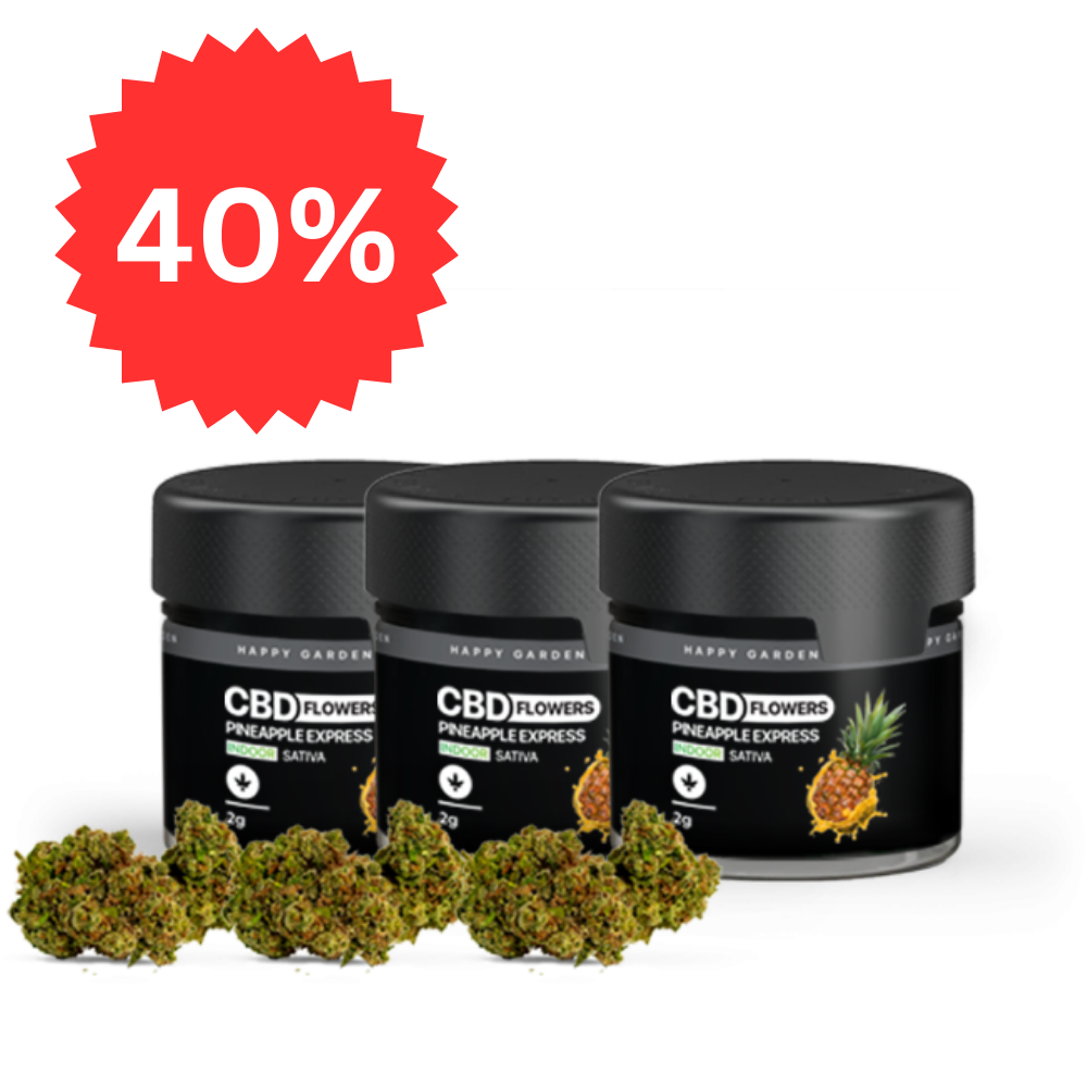 Három "3XHappy Garden CBN + CBD + CBG olaj (30ml - 4000 mg)" feliratú üveg tégely látható, előttük kannabisz rügyekkel. Egy piros csillag a bal felső sarokban 40% kedvezményt jelez. Prémium alvástámogató nyugtató olaj.