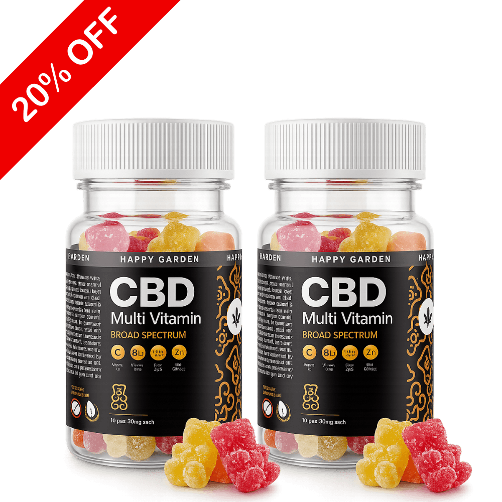 Két Mini 2 x CBD gumicukor széles spektrumú kivonattal és multivitaminokkal - 600mg | 20db látható, színes gumicukrokkal elöl. A bal felső sarokban egy piros átlós sávban fehérrel: 20% OFF.