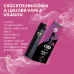 A CBD Vape - Peach Ring ízű párologtató (550mg, 1ml) fekete toll dobozával rózsaszín háttéren, fehér füsttel. Fent: Prémium csúcstechnológia, a legjobb vape a világon csak a CBD Europe kínálatában.