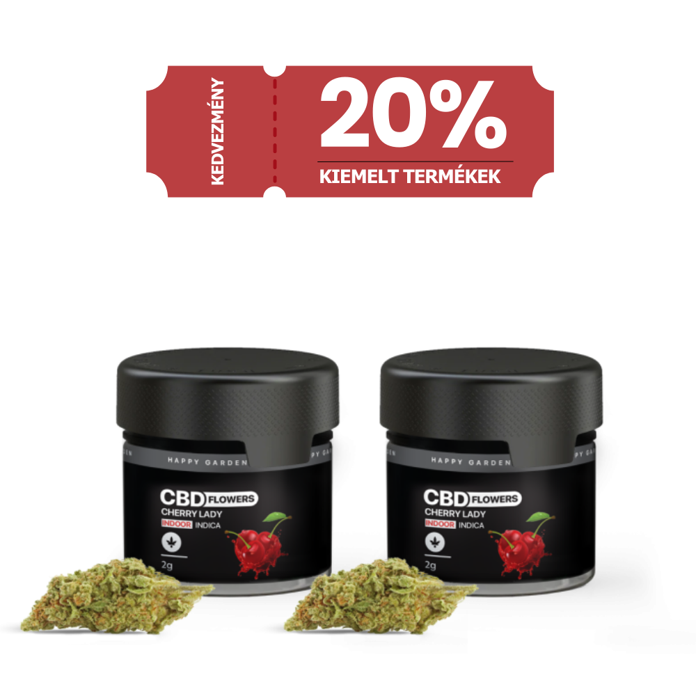 Három üveg 3XHappy Garden CBN + CBD + CBG olaj (30ml - 4000 mg) - prémium alvástámogató nyugtató olaj - van kiállítva laza rügyekkel. A piros címkén 20% KIEMELT TERMÉKEK olvasható, kiemelve a teljes spektrumú CBD Europe kedvezményt.