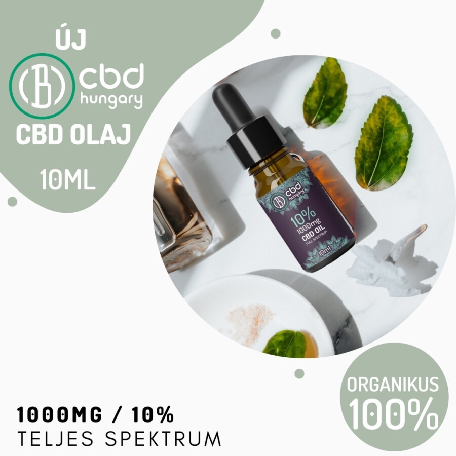 Egy 10ml-es üveg CBD Europe 10% teljes spektrumú Kannabisz olaj (1000mg) cseppentővel egy fehér felületen ül zöld levelek, egy tál fehér por és egy kanál olaj között. Szöveges megjegyzések teljes spektrumú, 100% organikus CBD olaj.