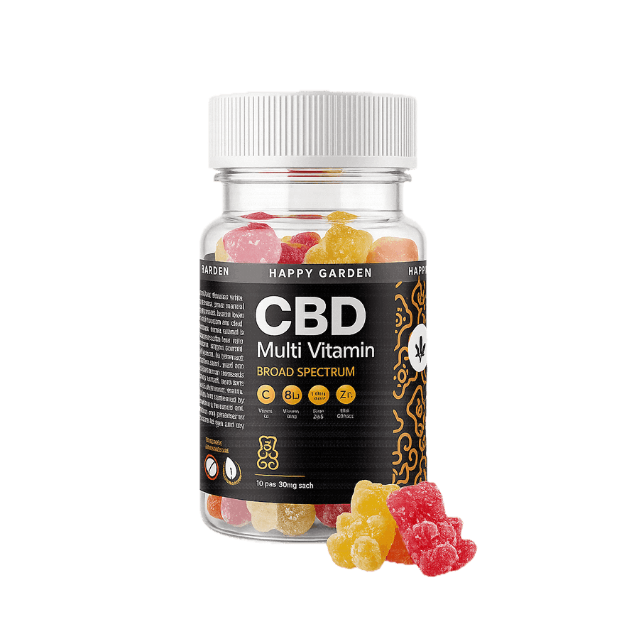 A "Mini CBD gumicukor széles spektrumú kivonattal és multivitaminokkal - 300mg | 10db" feliratú átlátszó műanyag palackban válogatott színes gumicukrok találhatók, néhányat az üveg előtt fehér háttérrel - ideális a CBD Europe rajongók számára.
