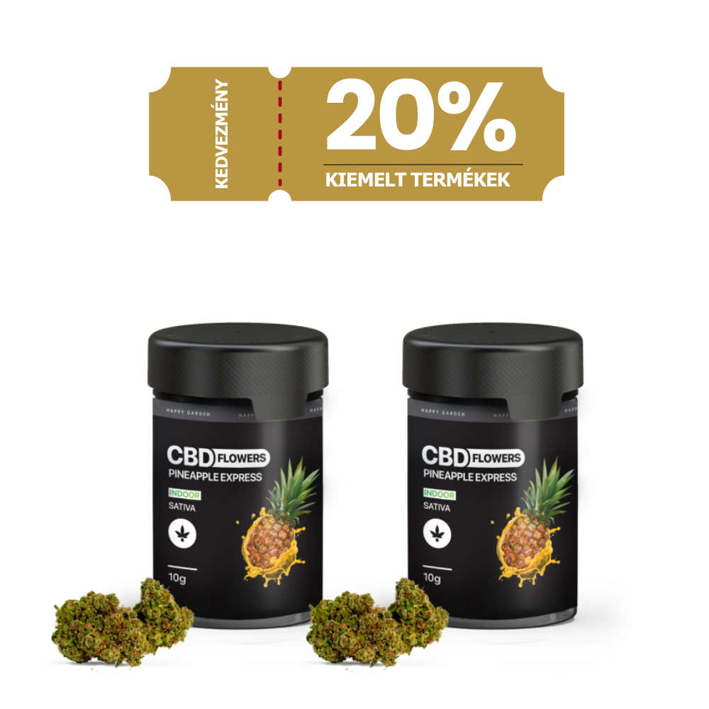 A "3XHappy Garden CBN + CBD + CBG olaj (30ml - 4000 mg)" feliratú üveg nyugtató grafikával látható. Felül magyar nyelvű banner hirdeti a prémium CBD Europe alvástámogató nyugtató olaj termékek 20%-os kedvezményét.
