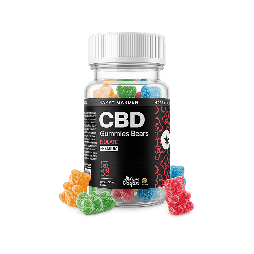 A "Mini CBD Izolátum & C vitaminos gumicukor - 300mg | 10db" feliratú átlátszó műanyag tégely színes gumicukrokat tartalmaz. Néhányan elszórtan vannak odakint. A címkén a "Happy Garden", "Prémium" felirat olvasható, és megjegyzi a CBD Europe teljes spektrumú minőségét.
