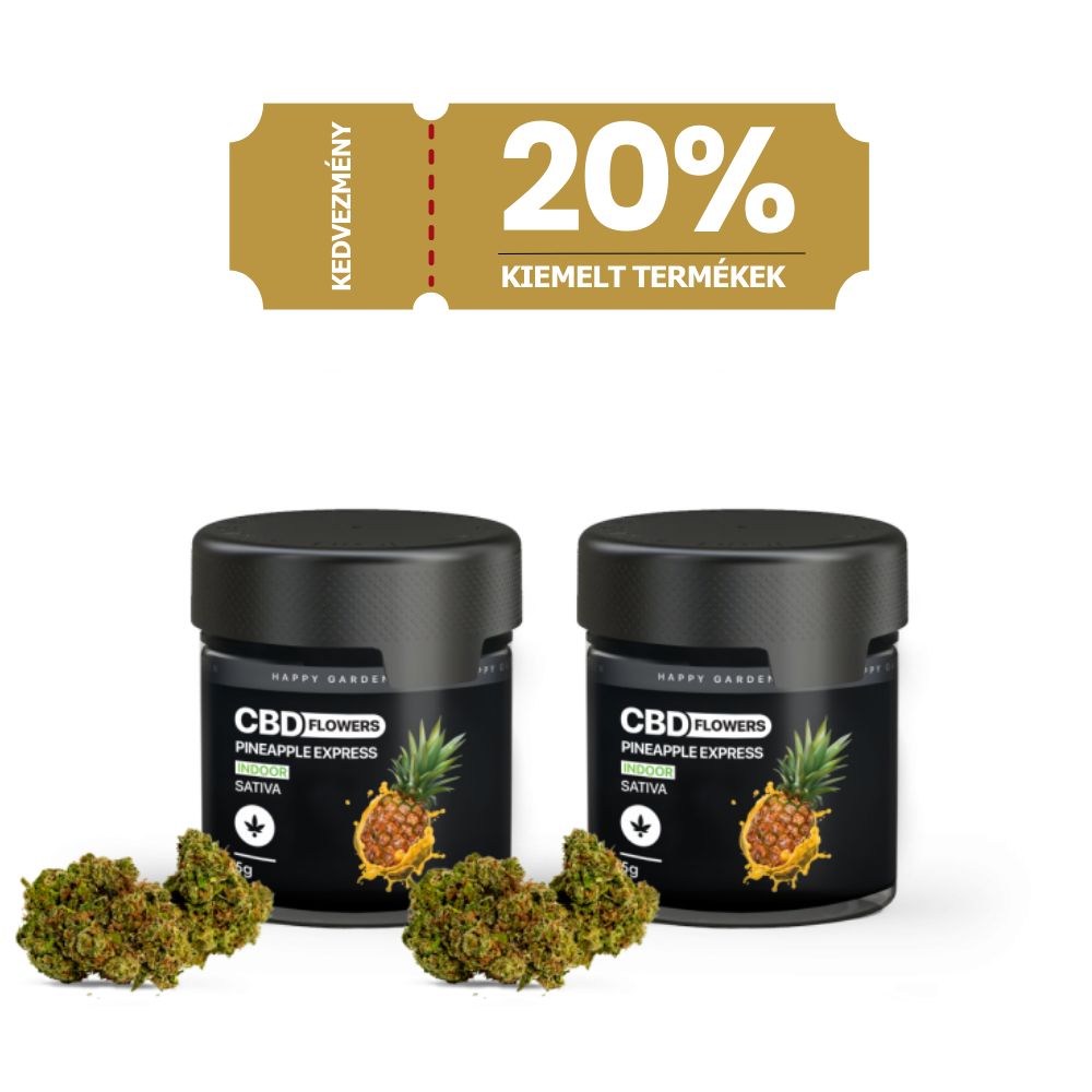 A "3XHappy Garden CBN + CBD + CBG olaj (30ml - 4000 mg)" feliratú fekete üveg nyugtató képekkel látható. Egy magyar nyelvű aranyszínű banner kiemeli a 20%-os kedvezményt a prémium, teljes spektrumú alvástámogató olajra a CBD Europetól.