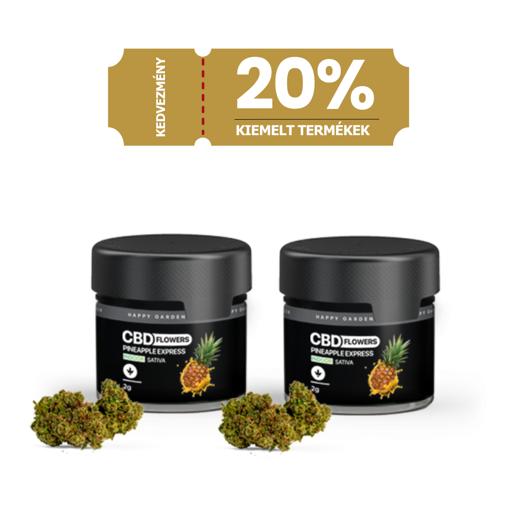 Két üveg 3XHappy Garden CBN + CBD + CBG olaj (30ml - 4000 mg) - Prémium alvástámogató nyugtató olaj. Fent egy aranyszínű banneren a KEDVEZMÉNY 20% KIEMELT TERMÉKEK felirat olvasható, amely 20% kedvezményt kínál ezekre a teljes spektrumú CBD olajokra.