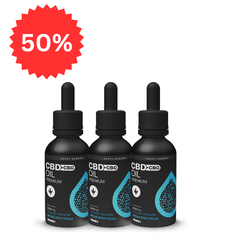 Három fekete cseppentős üveg 3XHappy Garden CBN + CBD + CBG olaj (30ml - 4000 mg) - Prémium alvástámogató nyugtató olaj egymás mellett, fehér háttéren piros "50%" kedvezményes csillaggal.