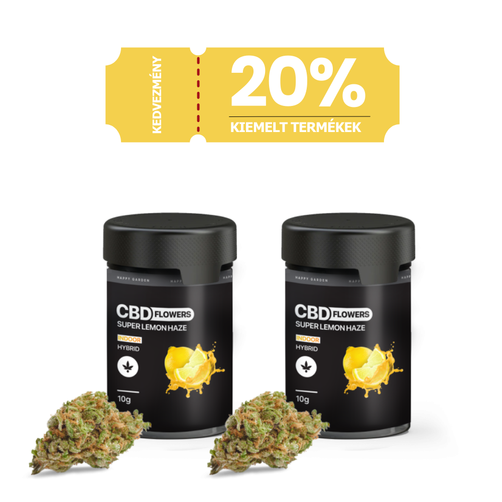 Egy üveg 3XHappy Garden CBN + CBD + CBG olaj (30ml - 4000 mg) - Prémium alvástámogató nyugtató olaj nyugtató grafikával látható. Fent egy sárga banner a 20% Kiemelt Termékek prémium, teljes spektrumú termékeken reklámozza.