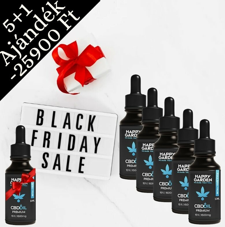 Egy Black Friday promóciós kép 6 üveg Happy Garden 15% Teljes Spektrumú CBD olajjal (5db + 1 Ajándék, összesen 1500mg), egy "Black Friday Sale" lightbox felirat, egy piros szalagos díszdoboz és egy magyar nyelvű szöveg, amely 25.€2-ért kínálja az akciót.