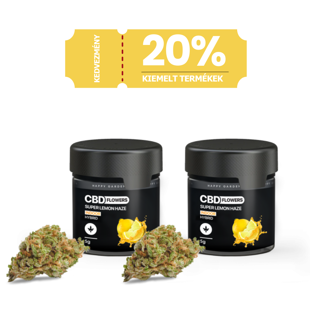 A 3XHappy Garden CBN + CBD + CBG olaj (30ml - 4000 mg) üvegén egy kannabisz bimbó látható, és egy sárga banner 20% kedvezményt hirdet magyarul - ideális a teljes spektrumú természetes CBD Europe termékek rajongóinak.