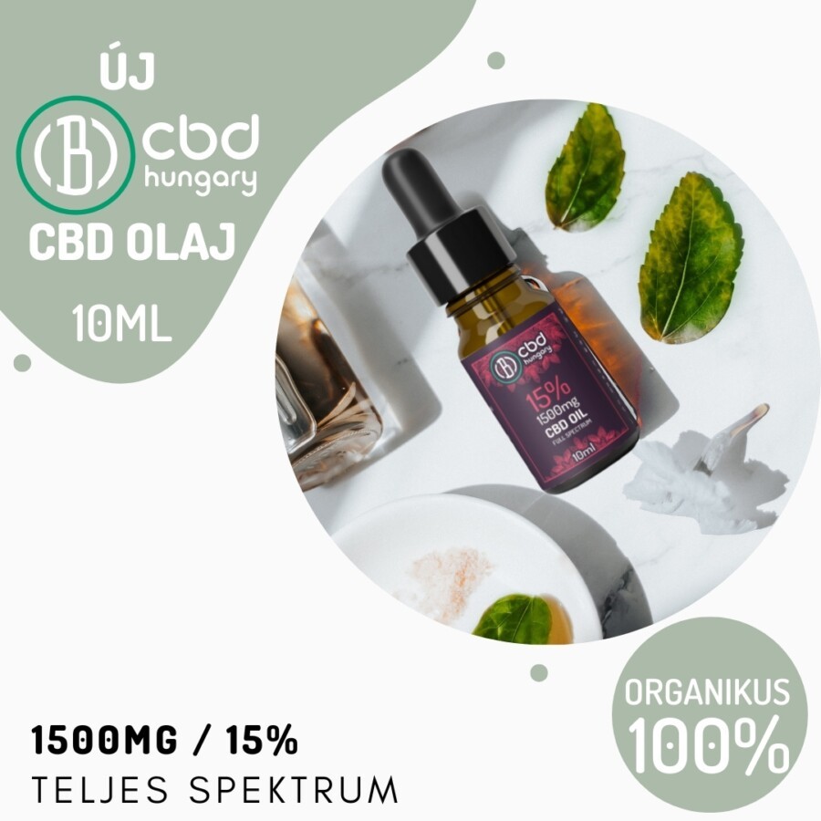 Egy üveg CBD Europe 15% Teljes Spektrumú Kannabisz Olaj +MCT Olaj (10ml-1500mg) cseppentővel fehér felületen pihen, zöld levelekkel és rózsaszín sóval körülvéve. A szöveg megjegyzi, hogy 100%-ban bio.
