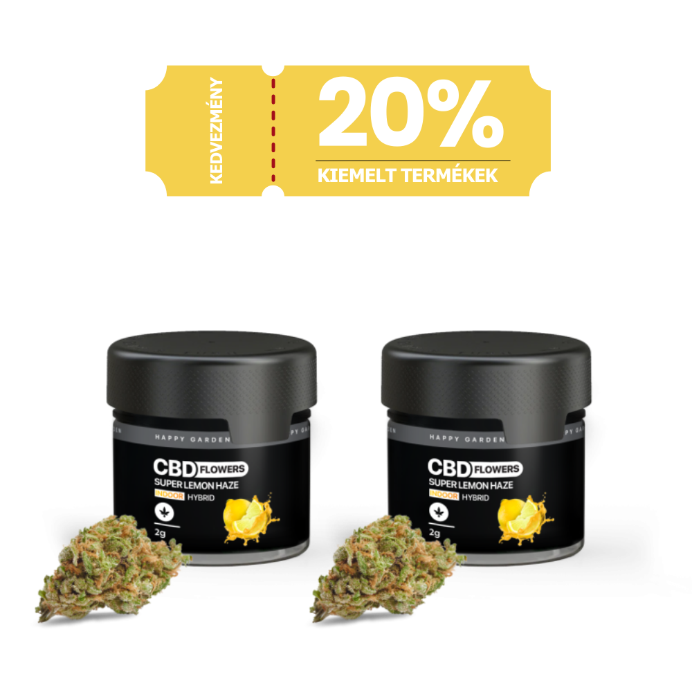 Elöl egy 3XHappy Garden CBN + CBD + CBG olaj (30ml - 4000 mg) feliratú fekete üveg áll; fölötte egy sárga banner, rajta a 20% Kedvezmény Kiemelt Termékek felirat, amely a Prémium CBD Europe 20%-os kedvezménnyel kínált alvástámogató olaját emeli ki.