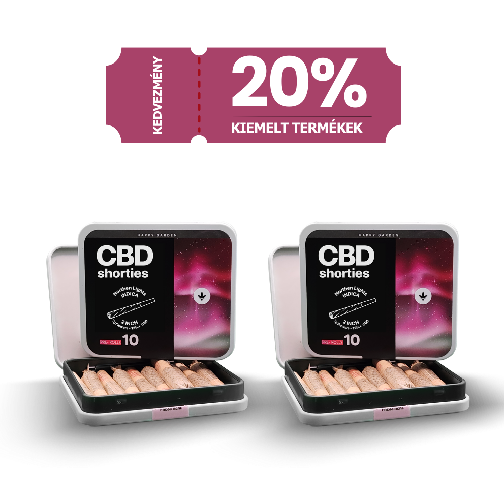 A 3XHappy Garden CBN + CBD + CBG olaj (30ml - 4000 mg) - Prémium alvástámogató nyugtató olaj üvegén egy rózsaszínű banner látható, felette a "20% KEDVEZMÉNY KIEMELT TERMÉKEK" felirattal, ami a CBD Europe különleges kedvezményét jelzi a kiemelt termékekre.