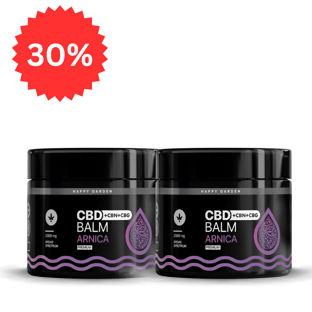 Két fekete üveg 3XHappy Garden CBN + CBD + CBG olaj (30ml - 4000 mg) látható egymás mellett. A bal felső sarokban egy piros "30%" feliratú kitörés jelenik meg, amely kiemeli a prémium alvástámogató nyugtató olaj kedvezményét.