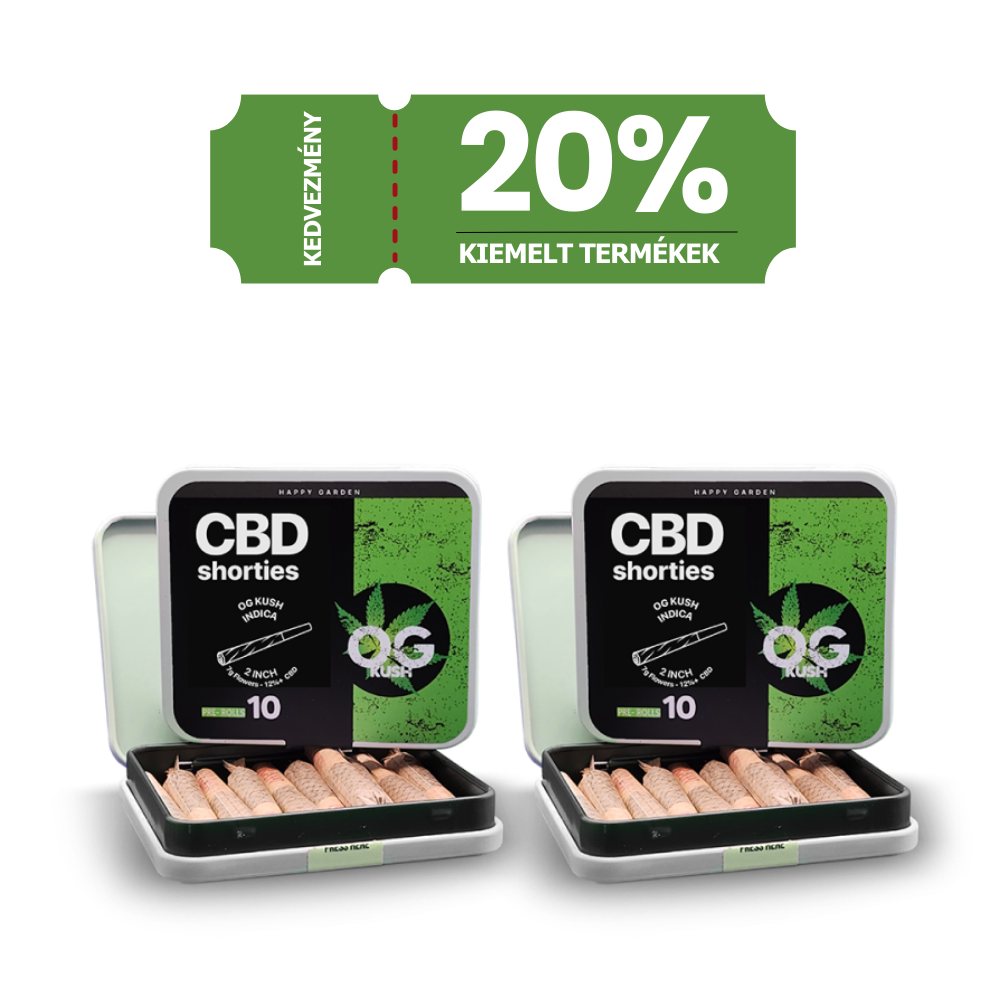 Két üveg 3XHappy Garden CBN + CBD + CBG olaj (30ml - 4000 mg) látható egymás mellett. Fölöttük egy magyar nyelvű zöld címke 20%-os kedvezményt hirdet a kiemelt CBD Europe termékekre.