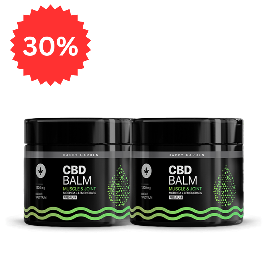 Két fekete üveg 3XHappy Garden CBN + CBD + CBG olaj (30ml - 4000 mg) - Prémium alvástámogató nyugtató olaj egymás mellett látható. A bal felső sarokban lévő piros csillagszóró a 30%-ot mutatja. A háttér világosszürke.