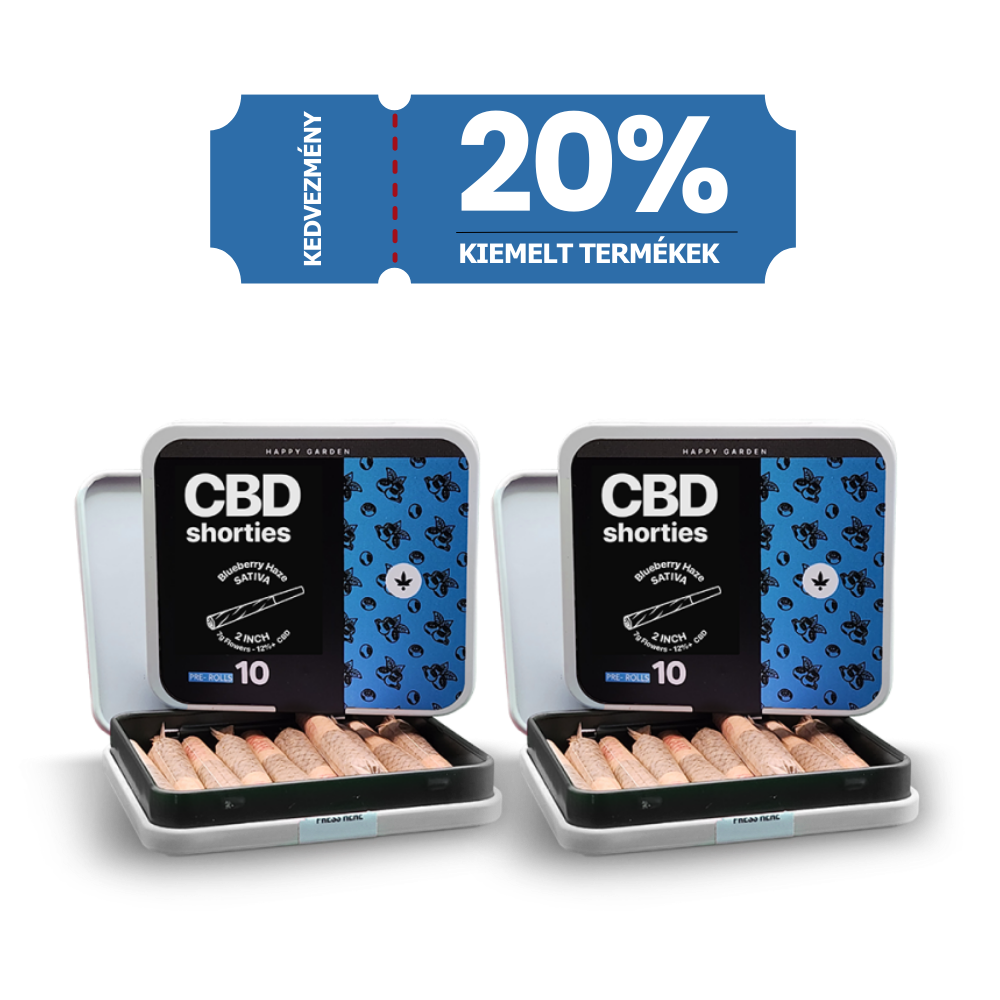 A 3XHappy Garden CBN + CBD + CBG olaj (30ml - 4000 mg) - Prémium alvástámogató nyugtató olaj üveg felett egy kék banner jelenik meg "Kedvezmény 20% Kiemelt Termékek" felirattal, ami azt jelzi, hogy a kiemelt termékre 20% kedvezményt adnak.